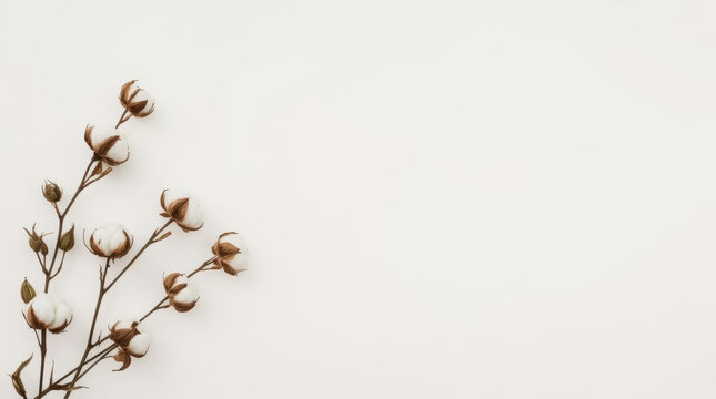 Cotton branch on ivory studio background with empty copy space for design
