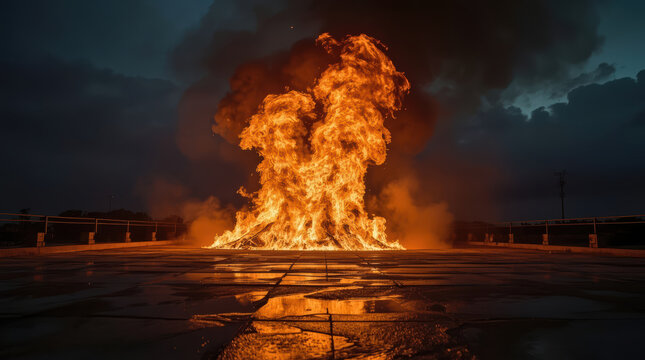 Large industrial fire with blazing flames reflecting on wet ground