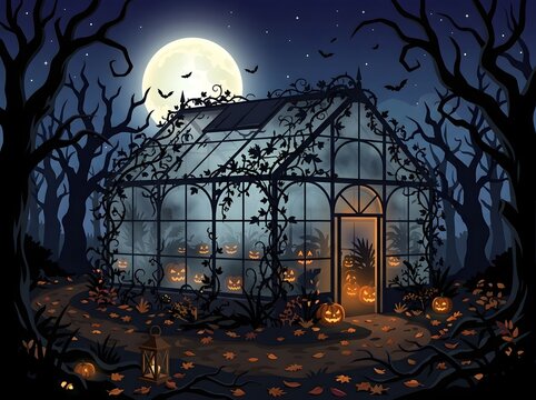 Spooky glass greenhouse with glowing pumpkins at night under a full moon in the forest