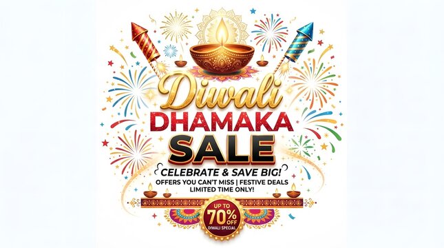 Diwali dhamaka sale banner with fireworks, lit diyas and discount offer isolated on white background