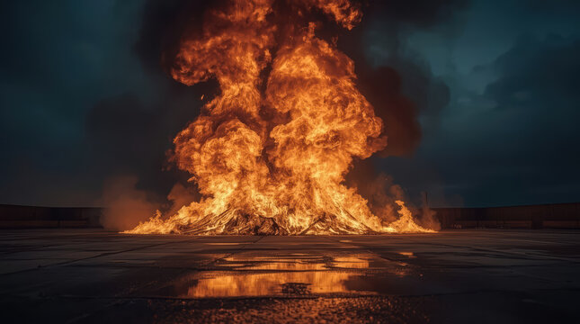 Large industrial fire with blazing flames reflecting on wet ground