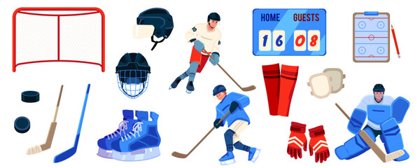 Fototapeta premium Ice hockey theme vector flat illustrations set isolated, hockey gear hockey stick, puck, uniform, score board, skates