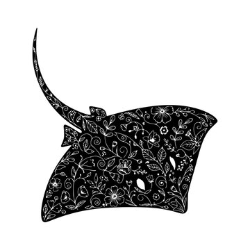 Floral patterned manta ray silhouette vector illustration, Manta ray floral silhouette illustration