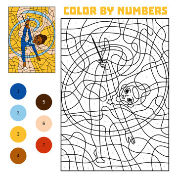 Color by number game, cute rhythmic gymnast girl with ribbon. Educational activity for kindergarten kids to learn numbers and colors. Printable worksheet for sports schools and clubs