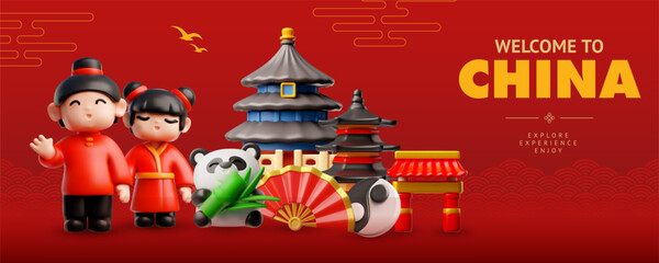 Welcome to China 3D vector banner design, Chinese symbols panda with bamboo, world attraction oriental elements © sabelskaya