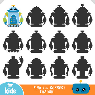 Find the correct shadow educational game for children with a cute robot. Flat vector illustration with character and different silhouette shadows. Fun printable worksheet for kids