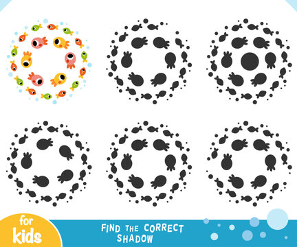 Find the correct shadow game for children with school of fish. Flat vector illustration with matching silhouettes. Educational activity worksheet about ocean animals for kids