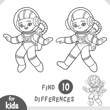 Cute girl astronaut character. Spot the differences game for kindergarten and preschool children. Fun black and white coloring worksheet to develop attention and visual perception skills