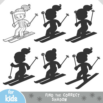 Cute girl skiing downhill in winter. Find the correct shadow matching game for preschool and kindergarten kids. Black and white printable coloring worksheet to develop visual perception skills