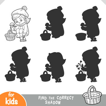 Cute girl in autumn outfit gathering mushrooms in a basket. Find the correct shadow game for preschool and kindergarten children. Black and white coloring worksheet for visual perception