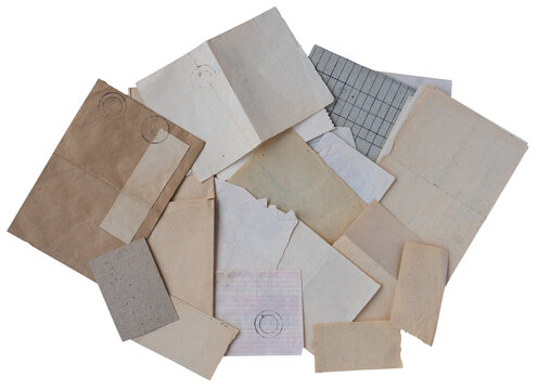 Top view of vintage paper documents with old stamp marks in a flat lay collage isolated on white