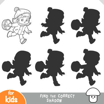 Cute girl in autumn clothes running with a basket to pick mushrooms. Find the correct shadow matching game for preschool and kindergarten children. Black and white printable coloring worksheet
