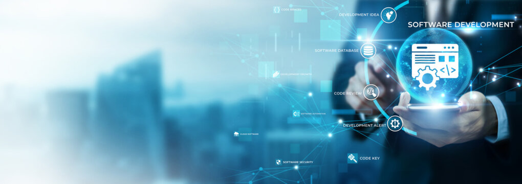 Businessman Using Phone for Software Development and Global Data Analysis. Full Stack Code Engineering, Application Program Creation, Agile Tech Solutions, Custom Systems Design