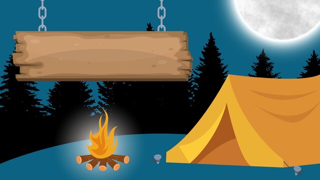 Campsite with Tent and Fire Under Moonlight.