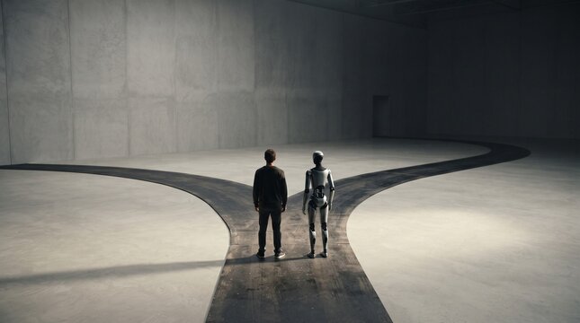 Human and robot stand at a fork in the road symbolizing choice and future of technology