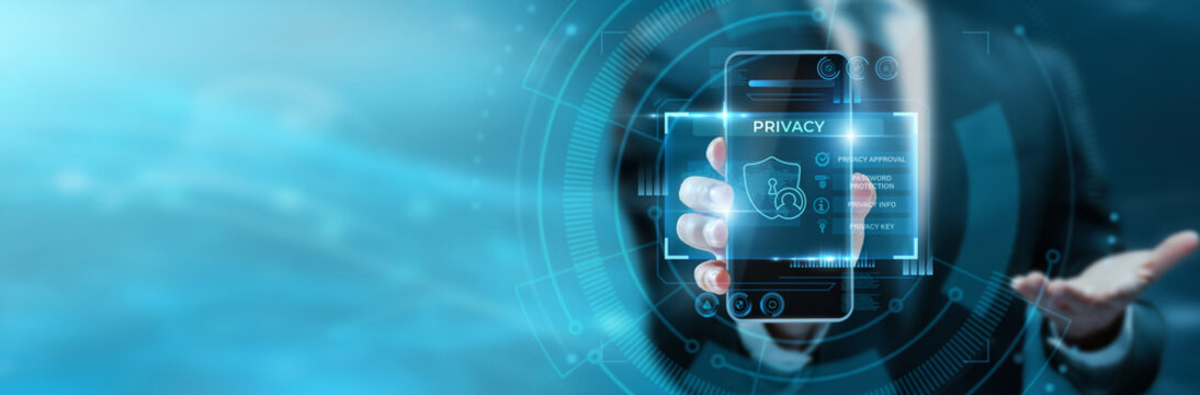 Data privacy officer hand hold phone with Privacy interface. Data protection compliance screen, confidential information shield app, user privacy management dashboard, safety concept