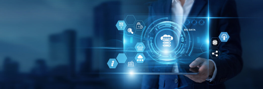 Businessman Hand Holding Digital Tablet to Analyze Big Data and Complex Analytics, Massive Dataset, Predictive Modeling, Information Processing, Data Mining, Scalable Infrastructure