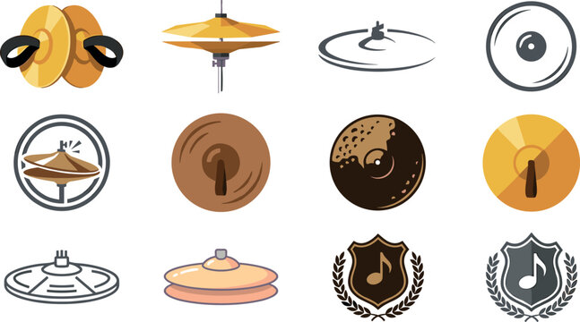 Cymbal Musical Instrument Icon and Badge Vector Set with Hi Hat, Crash, Ride, Finger Cymbals, and Musical Note Shield Crest Illustrations