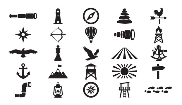 Set of adventure and travel icons in solid black silhouette style with glyph set