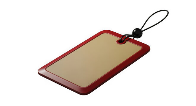 Blank brown paper gift tag with a red border and a black string loop isolated on transparent background