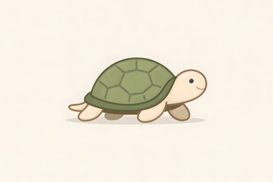 Cute minimalist cartoon turtle with a green shell walking across a clean light background.