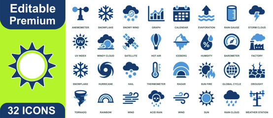 Obraz premium blue and green editable premium weather and climate vector icons set useful for meteorology and environmental forecasting
