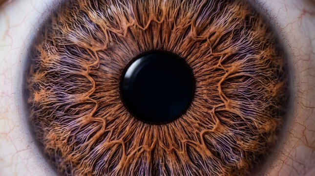 Brown human eye extreme macro close up detail showcasing intricate iris texture and dark circular pupil in sharp bright lighting