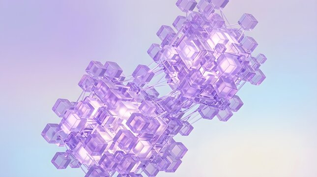 Translucent purple glass cubes form a complex digital interconnected structure floating against a soft dreamy light gradient background for abstract art