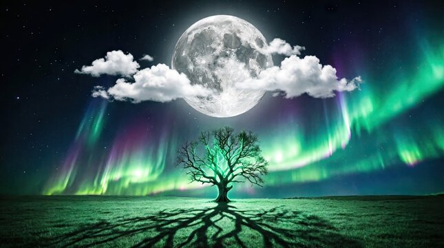 Full moon and aurora borealis over tree with roots