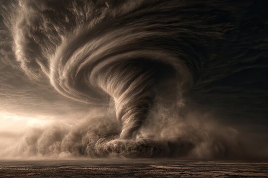 Massive swirling tornado touching a barren landscape under ominous dark clouds, kicking up dust and debris.