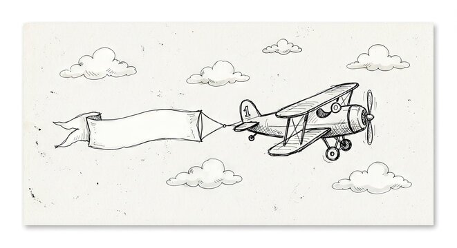 Vintage biplane sketch pulling a blank banner through clouds