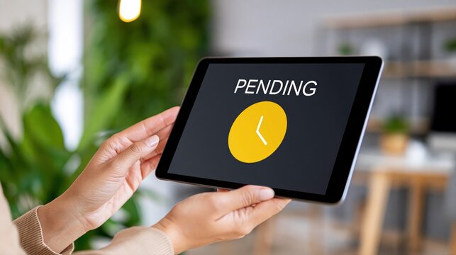 Pending status displayed on hand held tablet device in office room
