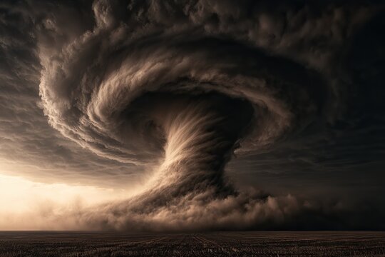 A massive, swirling tornado funnel descends from dark, roiling storm clouds above a flat field, creating a dramatic and ominous weather scene.