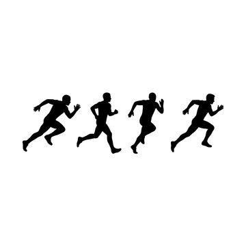 Sprinting runner silhouettes in four progressive athletic motion poses.
