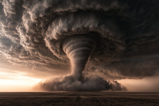 Gigantic rotating tornado beneath a massive supercell cloud, sweeping a flat plain with dramatic, ominous lighting.