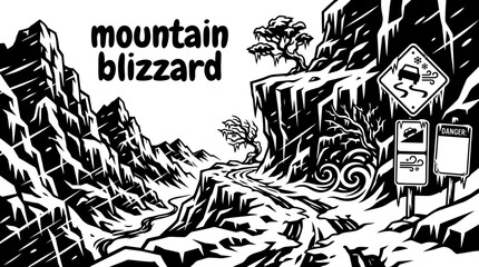 Obraz premium mountain blizzard landscapes featuring snow covered mountain passes fierce snowstorms icy roads drifting snow frozen cliffs warning signs rescue shelters and extreme winter weather safety travel