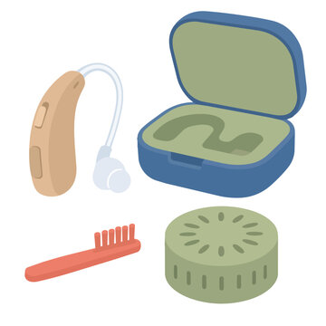 Hearing Aid Care and Cleaning Accessories Set Vector Illustration