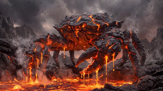 Giant Molten Lava Crab Monster in Volcanic Landscape
