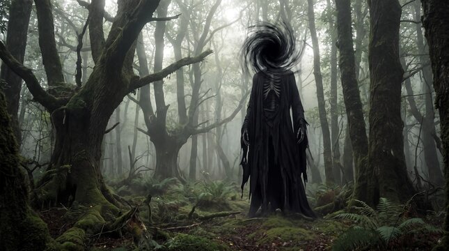 Sinister dark fantasy phantom creature in foggy forest