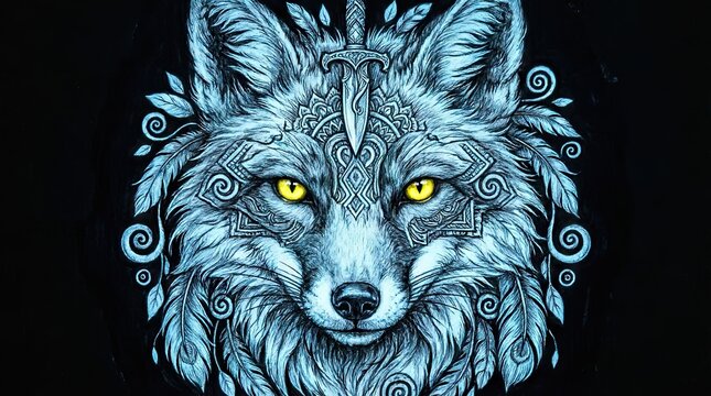 Detailed blue wolf head portrait with glowing yellow eyes and patterns