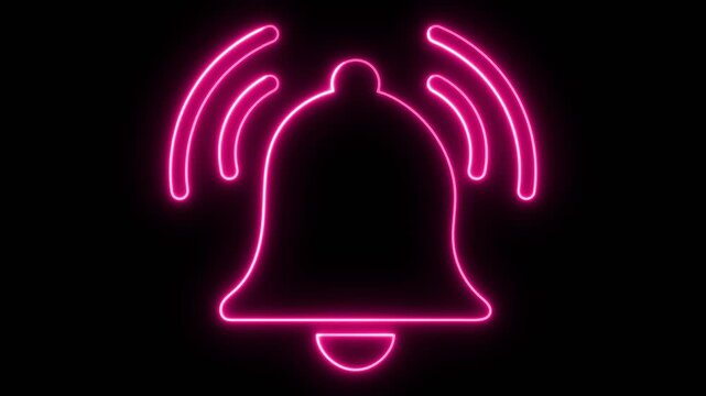 Animated pink neon bell icon ringing on a black background, indicating a notification or alert. This digital graphic represents incoming messages or important updates with a vibrant glow.