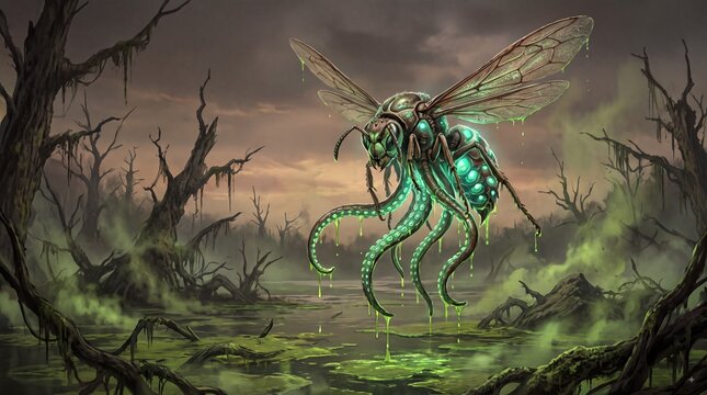Mutant insect monster with tentacles hovering over toxic swamp