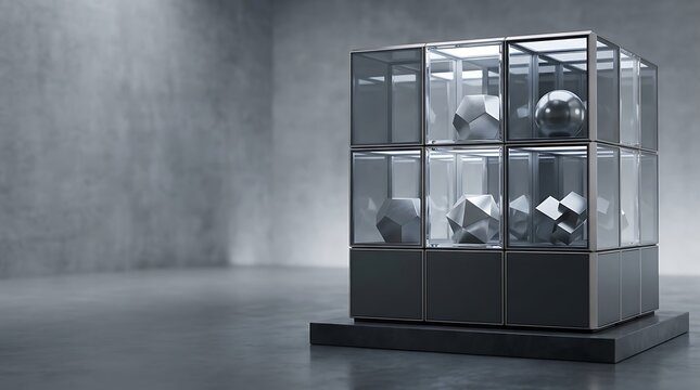Abstract geometric shapes inside a glass display cube in a modern minimalist studio.