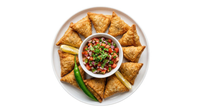 A plate of crispy golden fried samosas arranged in a circle around a bowl of fresh tomato and onion salsa, isolated on transparent background