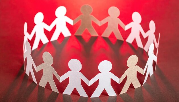 Paper people holding hands in a circle on red background