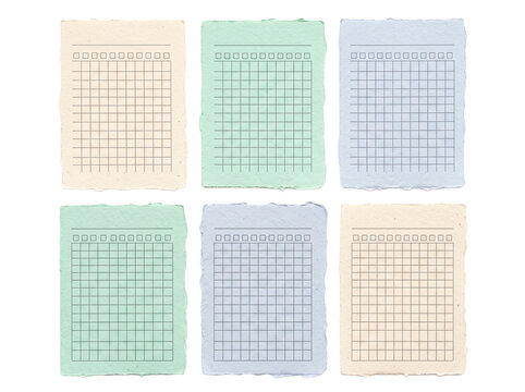 Grid paper notes scrapbook template set featuring pastel deckle edge sheets for planner tracking memo design isolated on black background organized layout collection for stationery design.