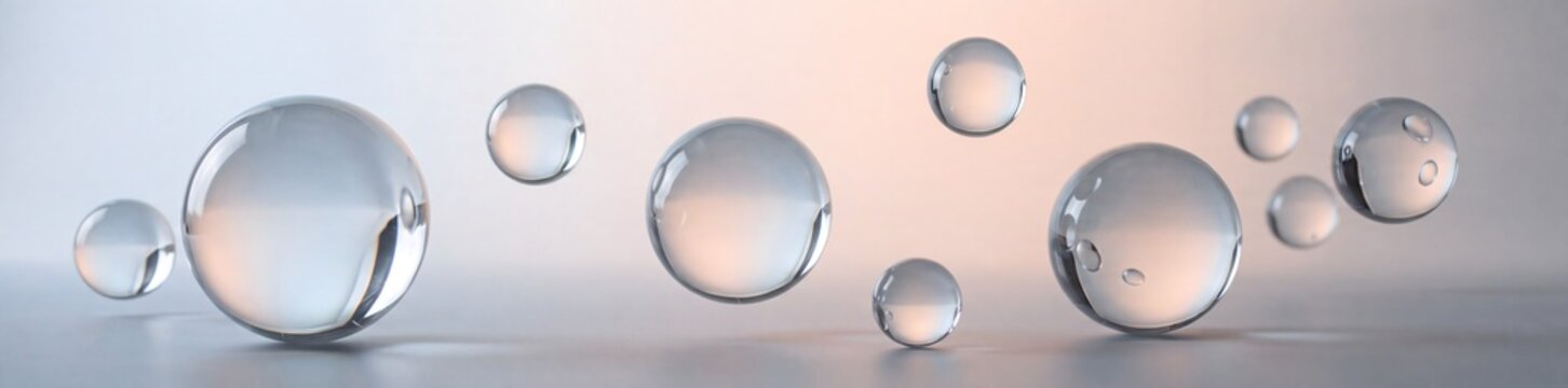 Floating glass spheres with transparent surfaces arranged in a minimalist composition against soft gradient studio lighting