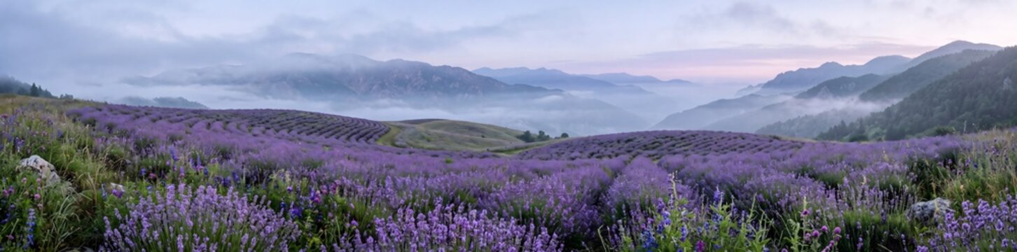 Vibrant purple lavender fields stretching across rolling hills under soft misty mountains at early sunrise light