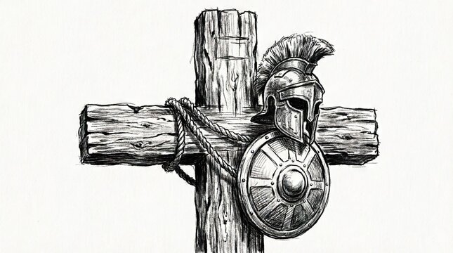Wooden cross with warrior helmet and shield