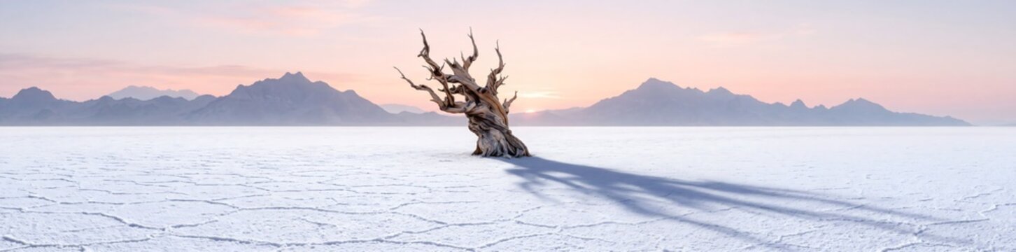 Ancient twisted dead tree standing alone on a vast white salt flat during golden sunrise light